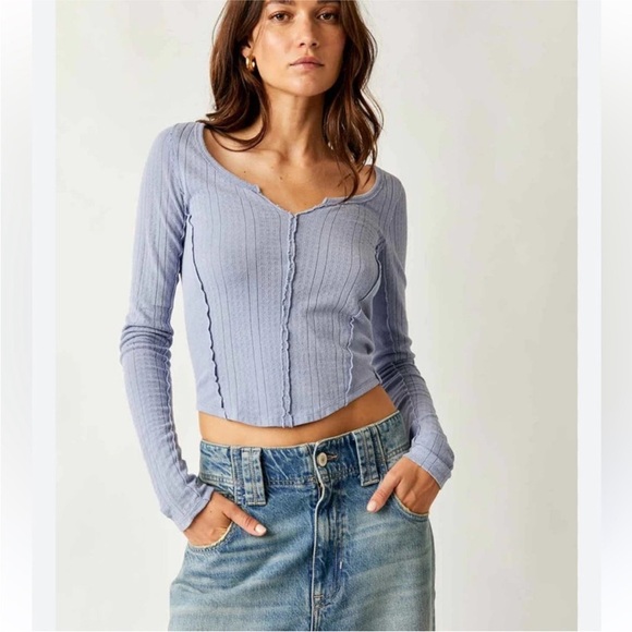 Free People size XL Eyes on You Pointelle Long Sleeve Tee Blue Bella Swan Top - Picture 1 of 7